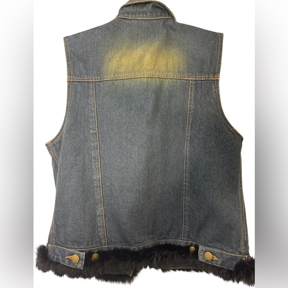 MIXIT Vintage Y2K Blue Denim Vest w/ Real Black Rabbit Fur Trim Sz Large - Picture 5 of 5